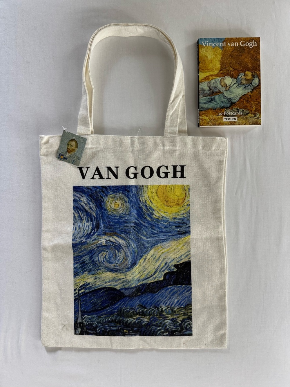 Van Gogh Vintage Postcard Book and Starry Night Canvas Tote Bag in Cream NWT